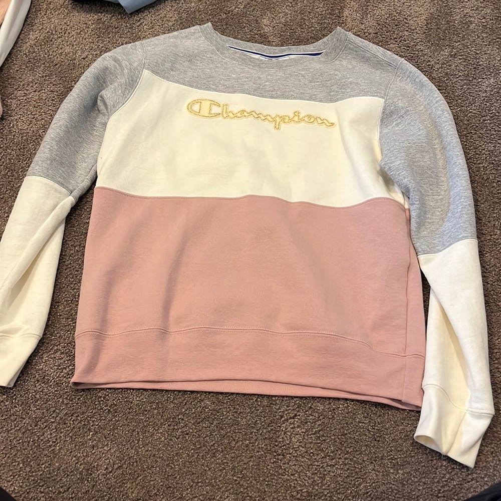 Champion sweatshirt, size small, pink/grey/cream. Lightweight!